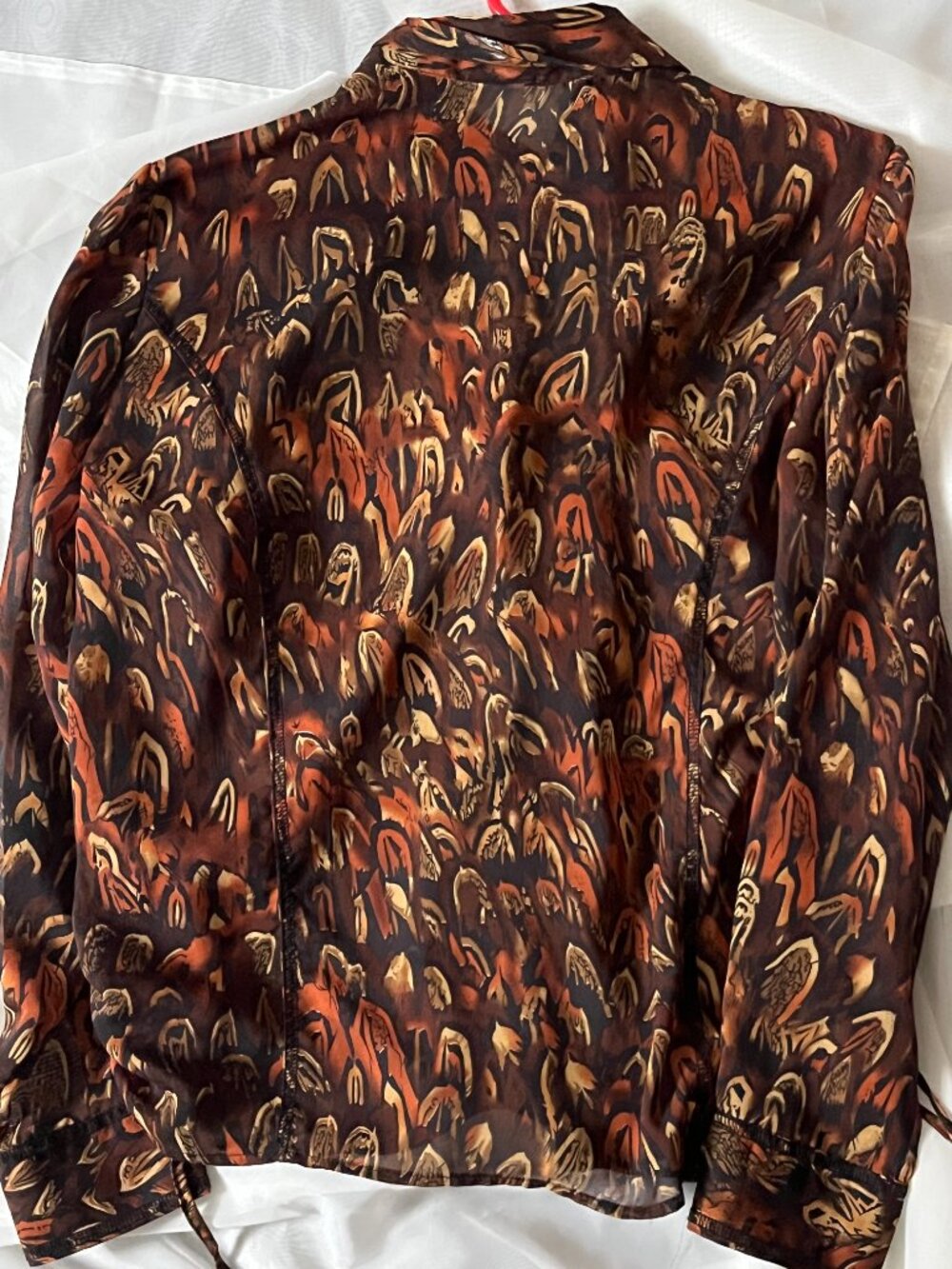 Vintage Sheer Chiffon Blouse M| Abstract Botanical Print | Rust, Brown & Camel